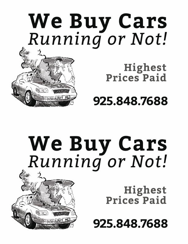 We Buy Cars graphic drawn in Photoshop of distraught man stands in front smoking engine with hood popped open. Annoyed Girlfriend sits in passenger seat for 2up print flier